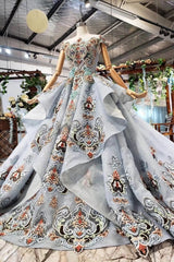 Ball Gown Light Blue Cap Sleeve Long Prom Dresses, Beaded Lace up Quinceanera Dresses DMN75