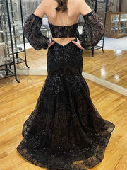 Black Lace Mermaid Long Prom Dresses, Formal Evening Dresses DM2002