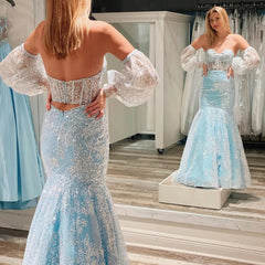 Black Lace Mermaid Long Prom Dresses, Formal Evening Dresses DM2002