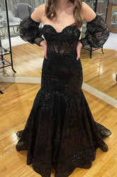 Black Lace Mermaid Long Prom Dresses, Formal Evening Dresses DM2002