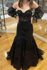 Black Lace Mermaid Long Prom Dresses, Formal Evening Dresses DM2002