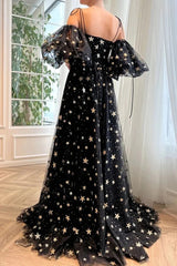 Black Tulle A-line Short Sleeves Stars Long Prom Dresses With Slit, Evening Dresses DMP217