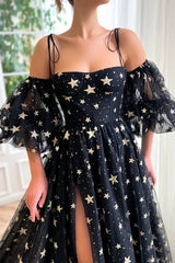 Black Tulle A-line Short Sleeves Stars Long Prom Dresses With Slit, Evening Dresses DMP217
