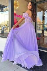 Charming A Line Sweetheart Lavender Chiffon Prom Dresses with Lace DMP287