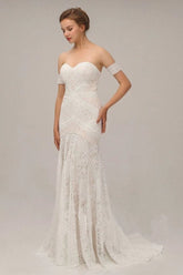 Charming Ivory Lace Mermaid Beach Wedding Dresses Sweetheart Boho Bridal Dresses DMN95