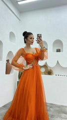 A Line Tulle Orange Long Sleeves Long Prom Dresses Long Evening Party Dresses DM1940