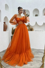 A Line Tulle Orange Long Sleeves Long Prom Dresses Long Evening Party Dresses DM1940