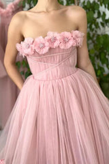 A Line Tea Length Pink Floral Prom Dresses, Formal School Party Dresses DM1992