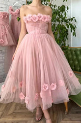 A Line Tea Length Pink Floral Prom Dresses, Formal School Party Dresses DM1992
