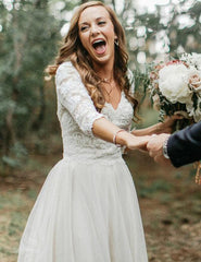 A-Line V-Neck Half Sleeves Backless Tulle Wedding Dresses with Lace Top DMM85