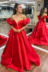 Red Strapless A-Line Satin Long Prom Dress with Detachable Sleeves DMP280
