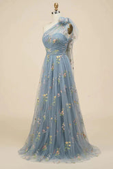 Grey Blue A-line Floral Embroidery One Shoulder Prom Dresses, Formal Evening Gown DMP215