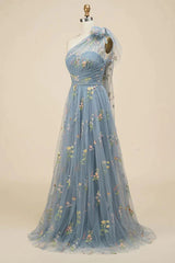 Grey Blue A-line Floral Embroidery One Shoulder Prom Dresses, Formal Evening Gown DMP215