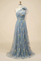 Grey Blue A-line Floral Embroidery One Shoulder Prom Dresses, Formal Evening Gown DMP215