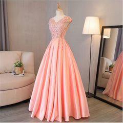 Blush Pink A Line Cap Sleeves Appliques Beaded Long Prom Dresses DMJ85