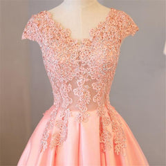 Blush Pink A Line Cap Sleeves Appliques Beaded Long Prom Dresses DMJ85