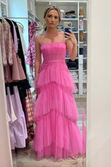Princess Hot Pink A Line Tulle Long Prom Dresses Layered Ruffles Evening Gown DMP072