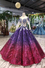 Ball Gown Long Sleeves Sequins Ombre Prom Dress, Pretty Quinceanera Dress DMQ45