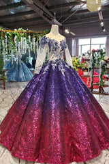 Ball Gown Long Sleeves Sequins Ombre Prom Dress, Pretty Quinceanera Dress DMQ45