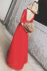 Red Bateau Floor-length Appliques Half Sleeves Long Prom Dress Evening Dress DMS49