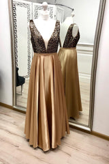 Charming A Line V Neck Gold Prom Dresses, Beaded Long Prom Dress DMK21