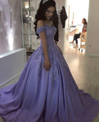 Lavender Ball Gown Off the Shoulder Lace Appliques Prom Dresses DMJ66