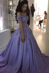 Lavender Ball Gown Off the Shoulder Lace Appliques Prom Dresses DMJ66