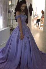 Lavender Ball Gown Off the Shoulder Lace Appliques Prom Dresses DMJ66