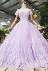Lilac Ball Gown Short Sleeves Prom Dresses with Lace, Quinceanera Dress DML41
