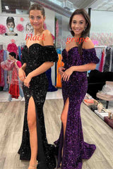 Mermaid Long Red Puff Sleeves Prom Dress Sparkly Sequined with Side Slit DM1957