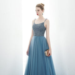 A-line Spaghetti Straps Blue Lace Up Back Beading Tulle Long Prom Dresses DMR84