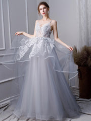 Gray A Line Long Spaghetti Straps Prom Dresses With Lace DMK58