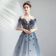 Ombre A Line Half Sleeves Tulle Round Neck Prom Dress Evening Dresses DMQ75