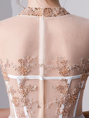 Gray A Line High Neck Short Sleeves Prom Dresses With Beads DML26