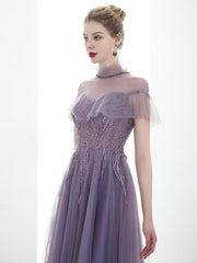 A-line Tulle Long High Neck Purple Prom Dresses With Ruffles Formal Evening Dress DMR86