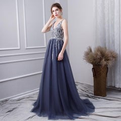 A Line V Neck Tulle Navy Blue Long Prom Dresses With Beading DML29