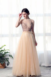 A Line Bateau Tulle Long Prom Dresses With Beads DML27