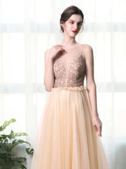 A Line Bateau Tulle Long Prom Dresses With Beads DML27