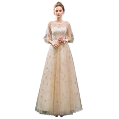 Stunning A Line 3/4 Sleeves Tulle Round Neck Prom Dress Evening Dresses DMQ76