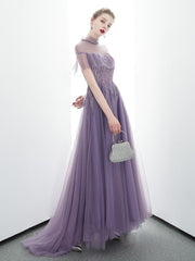 A-line Tulle Long High Neck Purple Prom Dresses With Ruffles Formal Evening Dress DMR86
