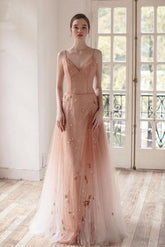 Ombre A Line Long Tulle Spaghetti Straps Prom Dresses With Beads DMK60