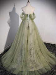 A Line Green Tulle Sweetheart Long Prom Dress, Formal Evening Dress with Beading DMP293