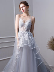 Gray A Line Long Spaghetti Straps Prom Dresses With Lace DMK58