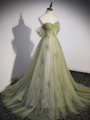 A Line Green Tulle Sweetheart Long Prom Dress, Formal Evening Dress with Beading DMP293