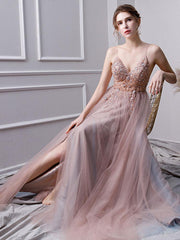 Pink A Line Spaghetti Straps Tulle Beaded Prom Dresses With Appliques DML25