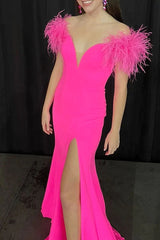 Off the Shoulder Hot Pink Long Prom Dresses With Slit, Formal Evening Dresses DM1986