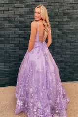 Purple Lace Floral Appliques Long Prom Dresses, A Line Long Formal Evening Dresses DMP231