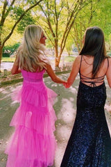Princess Hot Pink A Line Tulle Long Prom Dresses Layered Ruffles Evening Gown DMP072