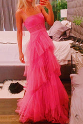 Princess Hot Pink A Line Tulle Long Prom Dresses Layered Ruffles Evening Gown DMP072