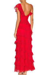 Unique Red Lace Tiered Long Prom Dresses V Neck Evening Dress, Graduation Gown DMP288